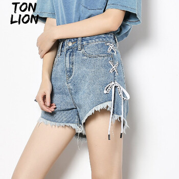 唐狮tonlion女宽松侧边绑带牛仔短裤浅牛仔蓝25