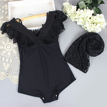 新款连体泳衣女大码遮肚黑色显瘦钢圈聚拢性感蕾丝送网纱罩衫泳装