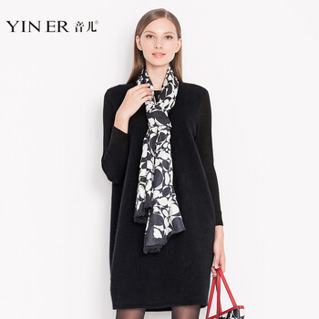 YINER音儿2016秋冬新款 熟女毛绒中长款兔毛针织衫84506840 黑色 155/38/M