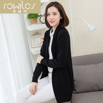 ROWILCS诺威珂女装秋季新款 中长款开衫针织衫韩版宽松口袋羊毛开衫毛衣外套 卡其色 L