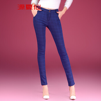 源夏仙  2015秋冬加绒加厚长裤女裤秋款显瘦小脚裤新款格子休闲裤女裤子D 灰色 L