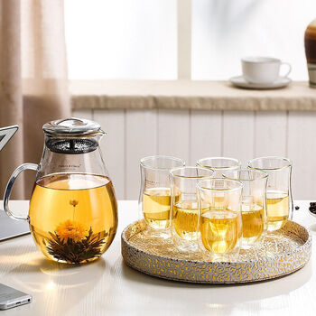 玻璃冷水壶凉水杯套装 透明防爆耐热耐高温家用水具组合 灵动水滴 6