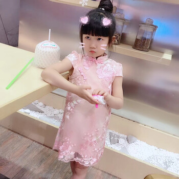 旗袍2018夏女童小女孩花朵刺绣中国风薄款唐装棉公主裙 新粉色绣花