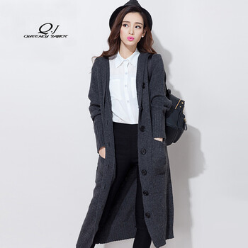 
                                        Q.J 针织衫女开衫女中长款2016秋新款宽松大码连帽毛衣外套女春秋针织衫外搭 酒红色 XL                