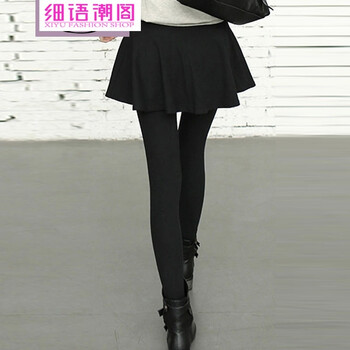 细语潮阁2015秋冬新款女装加厚加绒不倒绒修身显瘦假两件小脚大码打底裤裙女049 灰色 XL