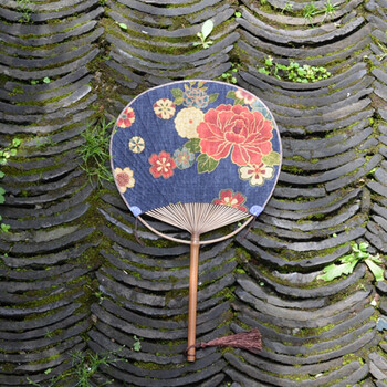 棠溪塘 日式团扇 古典双面圆形扇子 和服棉麻布和风花布扇 一把抖音