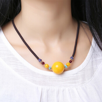 珠翠罗琦 蜜蜡吊坠女 鸡油黄短款琥珀锁骨链挂坠项链转运珠毛衣链桶珠