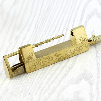 人气仿古手工铸造雕花横式铜挂锁中式锁头老式小铜锁插销锁横开锁 3.