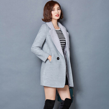 眼袋熊大码毛呢大衣女2015冬季加厚夹棉大码毛呢外套中长款韩范貂毛领大衣呢子 女 灰色 XXL