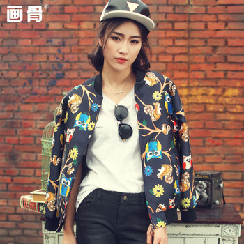 
                                        画骨春秋女装短外套女棒球服夹克印花图案女款棒球衫HG1570 黑色 M                