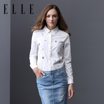 ELLE女装 专柜新品 2015早秋刺绣字母图案时尚长袖衬衫女 白色01 M 165/88A
