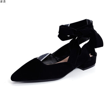 鞋女夏交叉绑带芭蕾舞鞋尖头粗跟平底浅口红色单鞋温柔仙女鞋 黑色 34