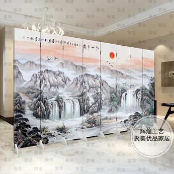 防水防透免安装中式双面艺术布艺屏风隔断风水墙折屏家居遮挡墙文化墙背景墙酒店屏风隔断古典现代 底座 一扇价格