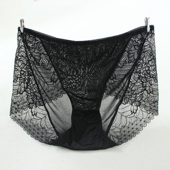 真丝内裤桑蚕丝夏季女蕾丝薄款半透明透气性感中腰三角裤 黑色2条 l