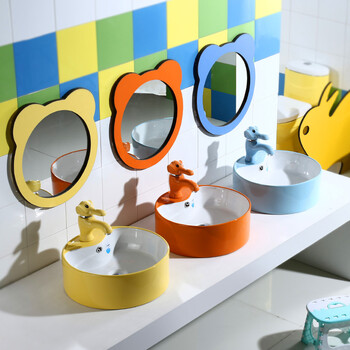 幼儿园彩色洗手盆儿童彩色洗脸盆卡通台上圆盆小面盘装修陶瓷洁具