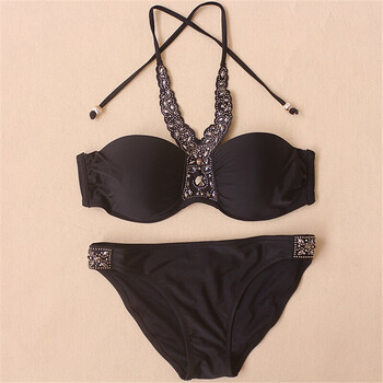 挂脖大胸性感半杯大气咖啡色比基尼度假沙滩游泳衣女 黑色 xl