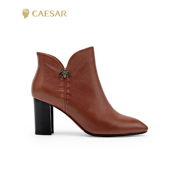 凯撒大帝caesar 女款经典纯色尖头粗跟高跟深口短靴 焦糖色 250(40)