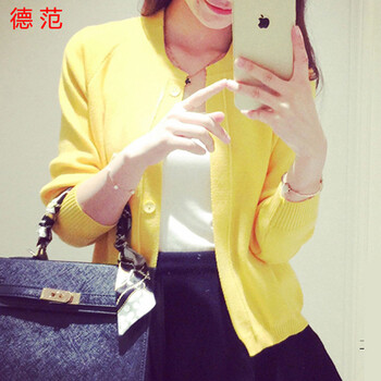 德范 2015秋冬装女装新款时尚百搭针织薄开衫短外套 女 针织衫 秋冬 淡黄色 均码