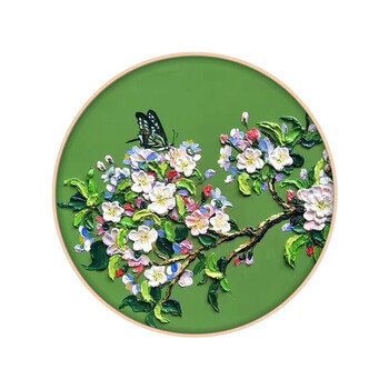 现代简约圆形手绘油画卧室玄关餐厅客厅装饰画新中式花卉挂壁画 画面