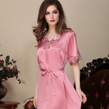 新款夏季纺 真丝绸女士睡衣睡裙性感睡裙夏款女大码家居服睡裙 粉红色