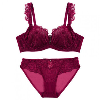 大胸显小全罩杯文胸大码内衣套装性感聚拢胸罩女胖mm200斤薄款 酒红色