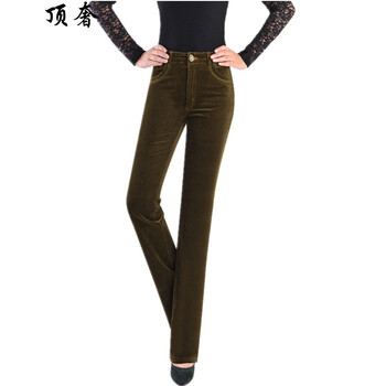 
                                        顶奢 春秋款灯芯绒微喇裤大码高腰条绒裤棉休闲女裤弹力显瘦阔脚裤修身显瘦妈妈装喇叭裤长裤子 9011款疆黄色 30码是2尺3腰围                