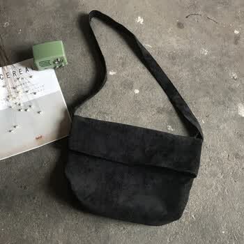 秋冬复古灯芯绒单肩斜跨包包女书包纯色布袋子文艺布包森 黑色