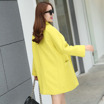 恩兰朵 2015秋冬新款韩版简约修身小香风毛呢外套女中长款呢子大衣长袖 黄色 M