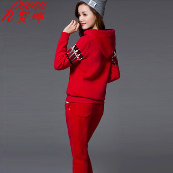 贺娜2015秋冬装新款韩版时尚加绒加厚休闲运动卫衣套装女ZH868 红色 M