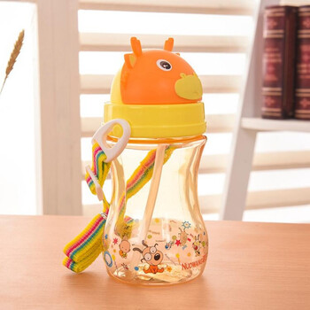 婴儿幼儿童水瓶带手柄吸管杯小孩水壶宝宝喝子学饮杯 牛头肩带款柠檬