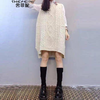 舍菲妮  欧洲站学院风中长款圆领毛衣马甲背心女套头秋季针织外套    马夹 咖啡 L