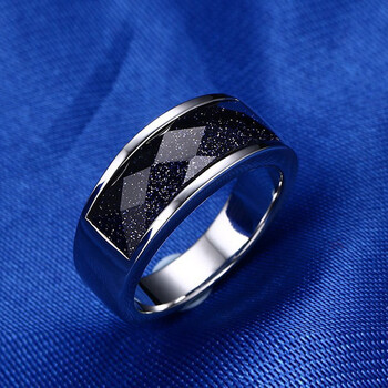 亲哇韩版时尚个性男士戒指 个性单身蓝砂石戒指钛钢潮人食指戒 美号7