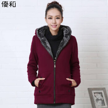 优和 2015秋冬装新款长袖厚外套连帽加绒厚卫衣女 WY015 枣红色 XL