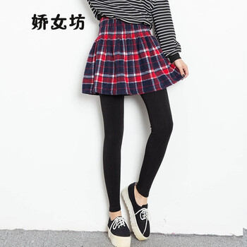 娇女坊  2015秋冬季新款假两件加绒加厚打底格子短裙修身紧身长裤裙裤女 红色 均码