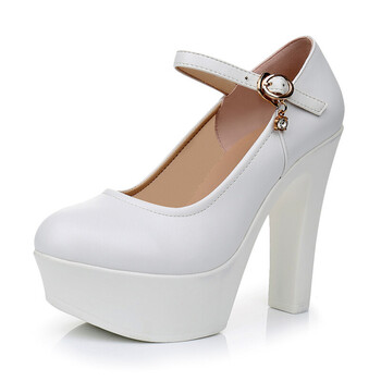 恨天高旗袍走秀鞋圆头一字扣粗跟防水台超高跟单鞋女 白色 34