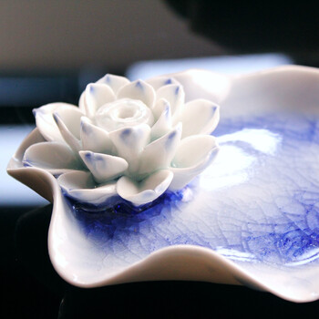 川岛屋 日式陶瓷莲花香插香炉 线香盘香薰香座 装饰品 荷叶款宝蓝