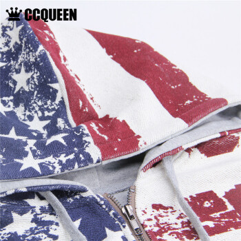 Ccqueen秋装新款街头做旧潮流休闲国旗印花连帽卫衣开衫夹克外套 枣蓝星条旗 L