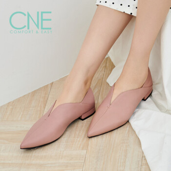 【惠】CNE 新款女鞋时尚休闲日系尖头深口套脚粗跟低跟女单鞋CNE 9T19606 粉红色 PNL 37