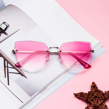 明星时尚眼镜无框水晶切割面渐变色复古太阳镜女潮墨镜 粉色渐变盒布