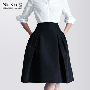 [货到付款]NICKO 2014新款春装欧美大牌纯色收腰女式高腰半身裙 文艺范裙子043 藏蓝色 L