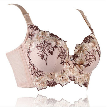 刺绣花朵文胸 c杯小胸mm厚聚拢薄模杯调整型收副乳 夏季薄款内衣 肤色