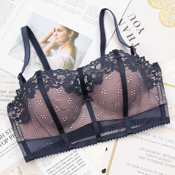 蕾丝抹胸内衣套装女无钢圈收副乳胸罩性感聚拢小胸加厚文胸上托 蓝色