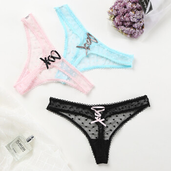 性感内裤蕾丝时尚透明波点网纱诱惑情趣低腰绑带棉档t裤丁字裤女 黑色