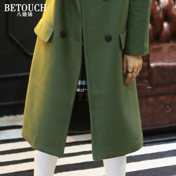 八锻锦（BETOUCH）2015秋装新款 韩版修身外套中长款毛呢大衣风衣女 军绿色 M