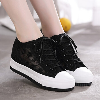 帆布鞋女鞋2018夏新品网面厚底内增高韩版蕾丝透气小白鞋女士单鞋子