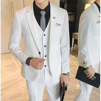 小西装男修身一套西服套装青少年学生潮流休闲韩版商务三件套 白色