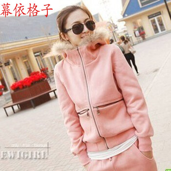 幕依3021#狐狸毛 秋冬装新品 貉子毛连帽拉链加厚卫衣套装女款三件套 粉色3件套 L好质量