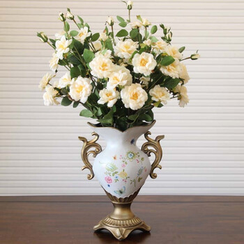 欧式高脚双耳花瓶 客厅玄关边柜装饰花瓶 花瓶 8束白色月季
