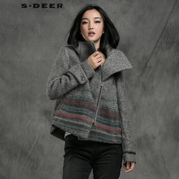 圣迪奥 sdeer 2015冬装新款女条纹撞色印花毛呢外套S14482249 中灰/87 L(170/88A)