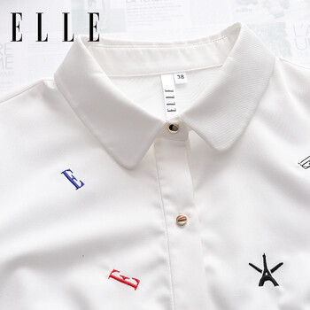ELLE女装 专柜新品 2015早秋刺绣字母图案时尚长袖衬衫女 白色01 M 165/88A